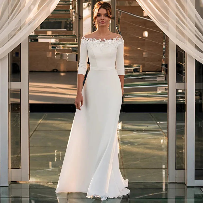 Elegant A-Line Wedding Dress Women 3/4 Long Sleeve Lace Zipper Back Boat Neck Applique Bridal Gown Sweep Train Vestidos De Noiva 14w