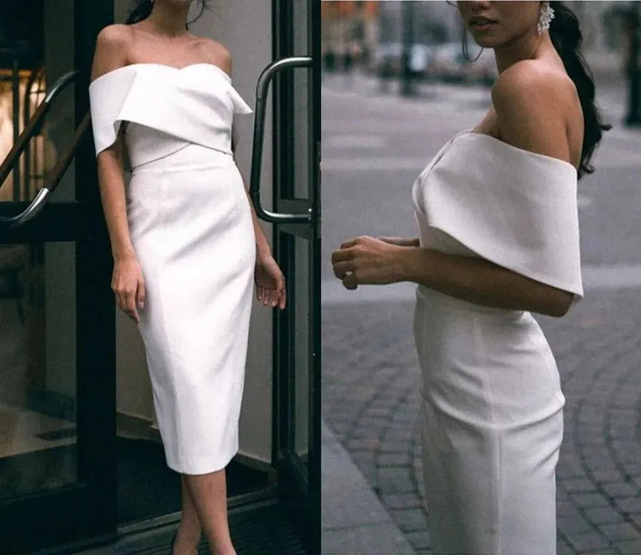 Satin Short Sheath Wedding Dresses Off The Shoulder Bridal Gowns Elegant Style vestido de noiva Wedding Gowns 20w