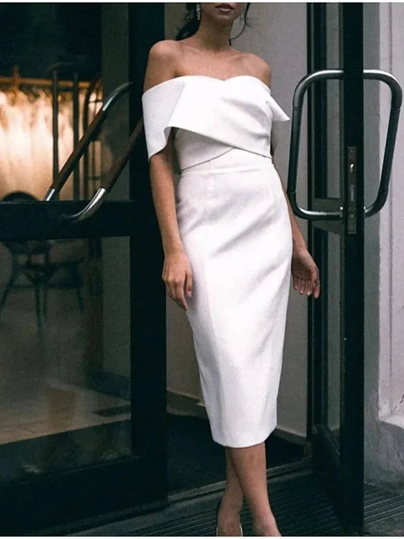 Satin Short Sheath Wedding Dresses Off The Shoulder Bridal Gowns Elegant Style vestido de noiva Wedding Gowns 20w