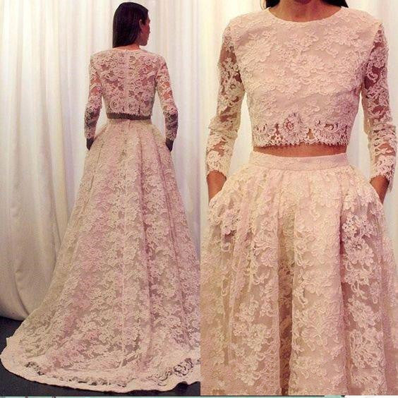 Vestidos de Novia 2023 Vintage zwei 2 -teilige Spitze Arabisches Hochzeitskleid mit Tasche Langarm Scoop Reißverschluss Rücken Hochzeitskleid