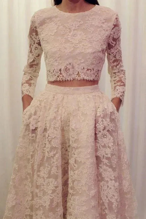 Vestidos De Novia Vintage Two 2 Piece Lace Arabic Wedding Dress with Pocket Long Sleeve Scoop Zipper Back Wedding Gown 14w