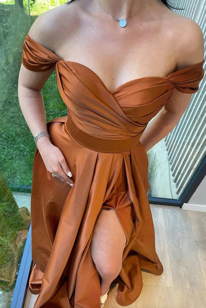 Brown Evening Dresses Satin Off Shoulder Sweetheart A Line with Slit Long Women Simple Prom Gowns Custom made color and size Brown