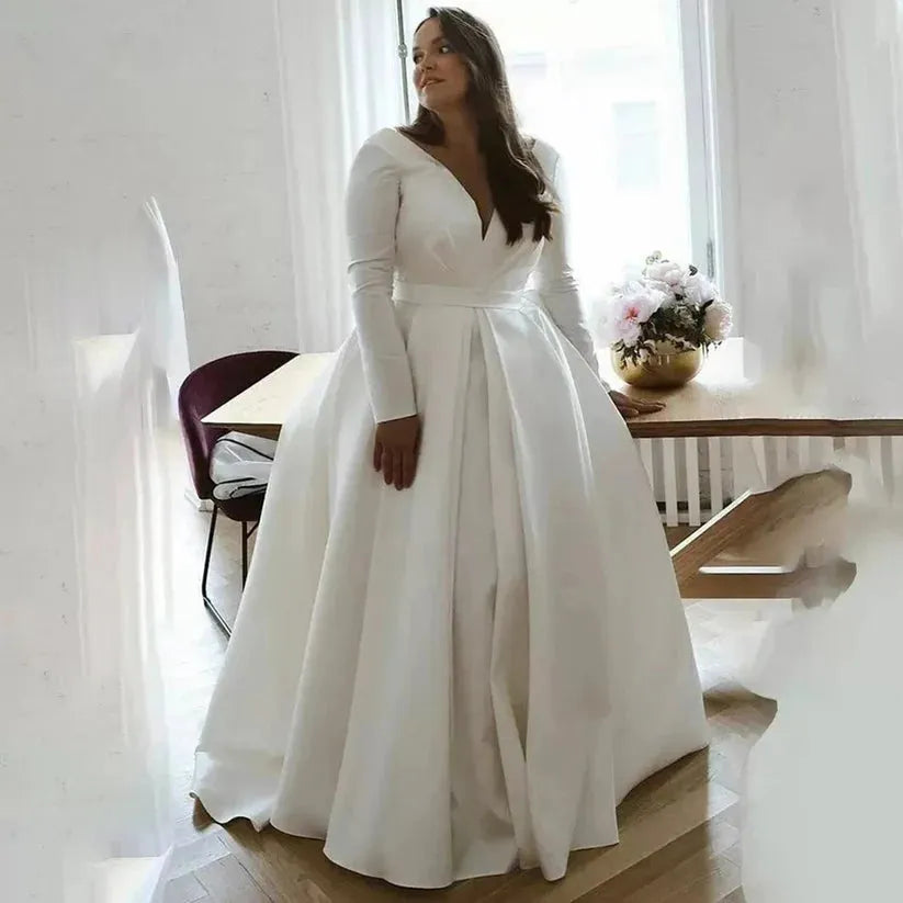 Full Sleeves V-Neck Wedding Dresses Plus Size Simple A-Line Satin Bridal Gowns For Woman Sexy Classic Vestido De Mariages Plus Size