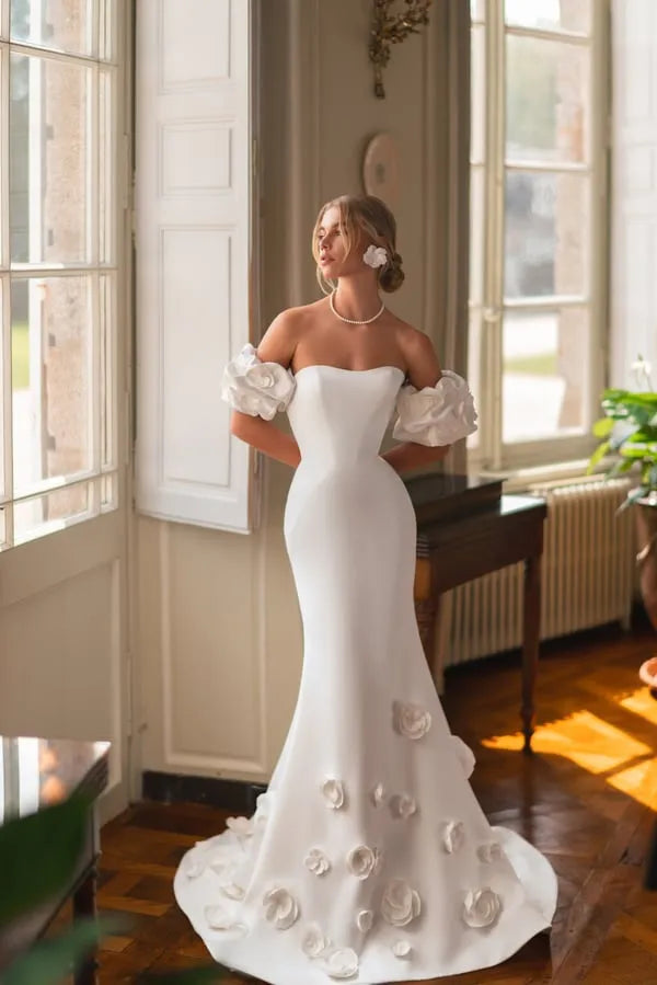 Wedding Dresses Short Sleeve 3D Flower Mermaid Bridal Dress Satin Classy Women Brides Dress Customized Bride Gown Satin