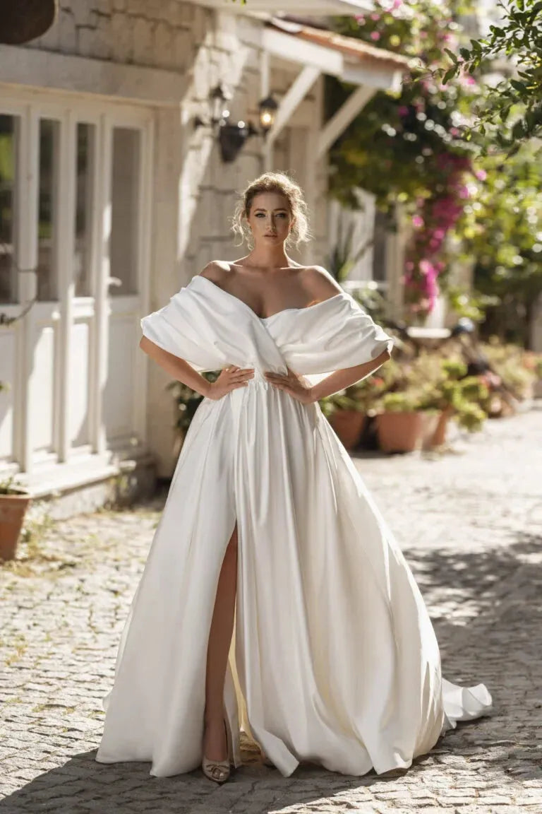 Modern A-Line Bridal Dress with Off-the-Shoulder Sleeves, Open Neckline, and Natural Waistline Satin