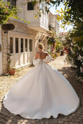 Modern A-Line Bridal Dress with Off-the-Shoulder Sleeves, Open Neckline, and Natural Waistline Satin