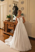 Classic Scoop Neck Buttons A-Line Wedding Dress Delicate Cap Sleeve Lace Appliques Princess Bridal Gown Customized Satin