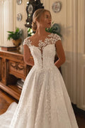 Classic Scoop Neck Buttons A-Line Wedding Dress Delicate Cap Sleeve Lace Appliques Princess Bridal Gown Customized Satin