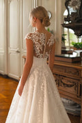 Classic Scoop Neck Buttons A-Line Wedding Dress Delicate Cap Sleeve Lace Appliques Princess Bridal Gown Customized Satin