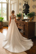 Classic Scoop Neck Buttons A-Line Wedding Dress Delicate Cap Sleeve Lace Appliques Princess Bridal Gown Customized Satin