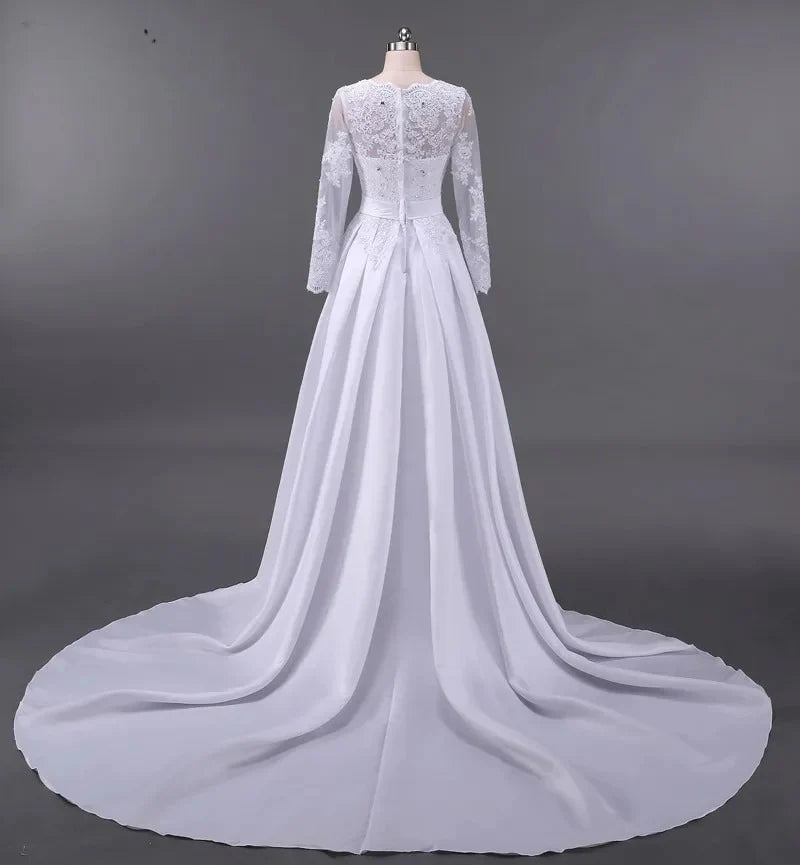 Bescheidene Spitzen-applizierte A-Linie Satin Hochzeitskleid gegen Neck Rückenrückte Langarm für Frauen Prinzessin Robe de Mariee Customize