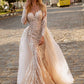 Mewah Dilancarkan 2 dalam 1 Pakaian Perkahwinan Industri Berat Kereta Api Sulaman Manik O-Neck Fullsleeve Vintage Bride Gowns Button