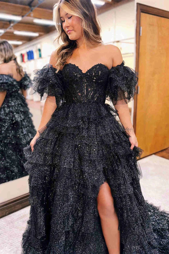 Black Multilayer Hemline Tulle Prom Dress Puffy Detachable Sleeves Vestidos De Novia Sexy Side High Split robes de soirée