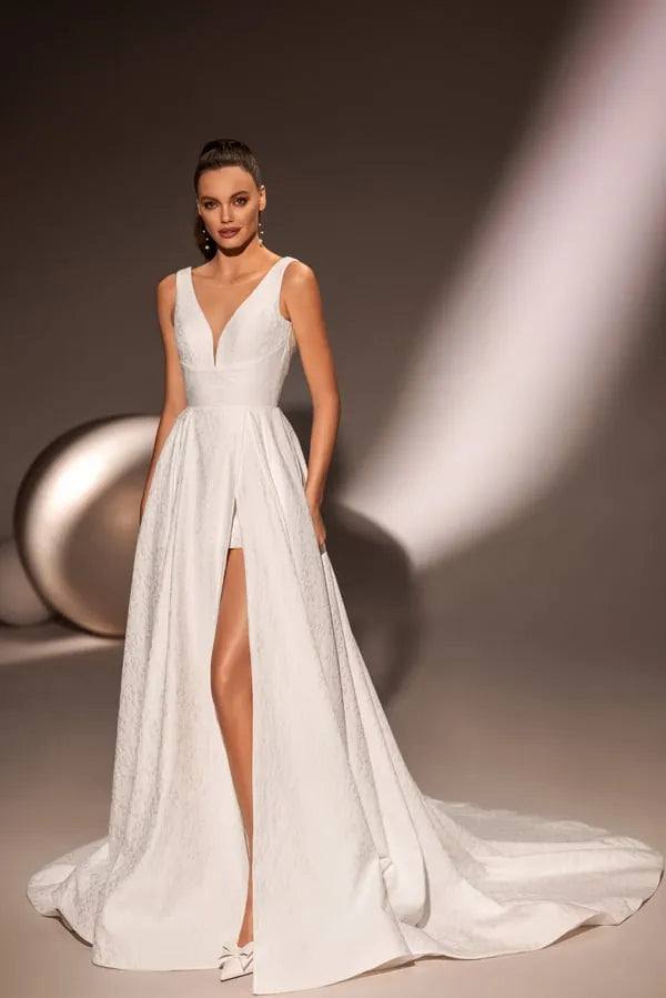 Charming A-Line Wedding Dress with a V-Neckline, Sleeveless Design Satin