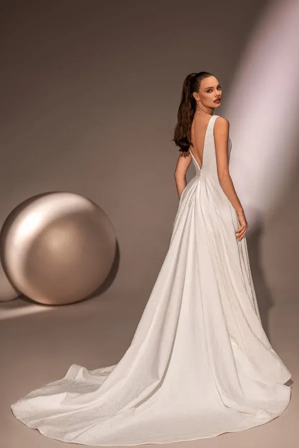 Charming A-Line Wedding Dress with a V-Neckline, Sleeveless Design Satin