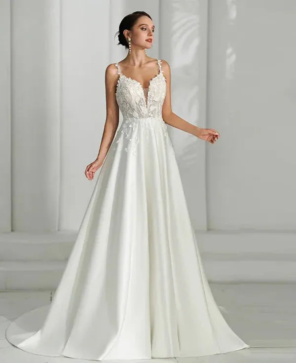 BEPEITHY V Neck Sexy Backless Satin Ivory Wedding Dresses For Women Sleeveless Lace Bodice Sweep Train Boho Bridal Gown Ivory