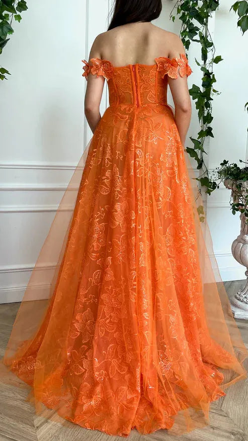 Lace Prom Dresses Long Floor Length Off Shoulder V Neckline Front Slit Women Evening Gowns Women Special Occasion Dresses Orange