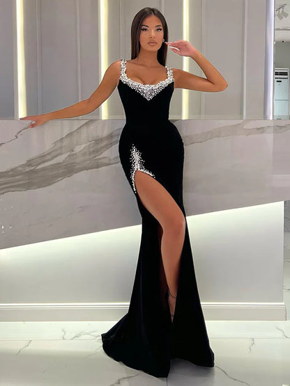 Black Heart Shaped Neck Satin Prom Dress Bright Diamonds Edge Mermaid Vestidos De Fiesta Sexy Side Spilt Graduation Ball