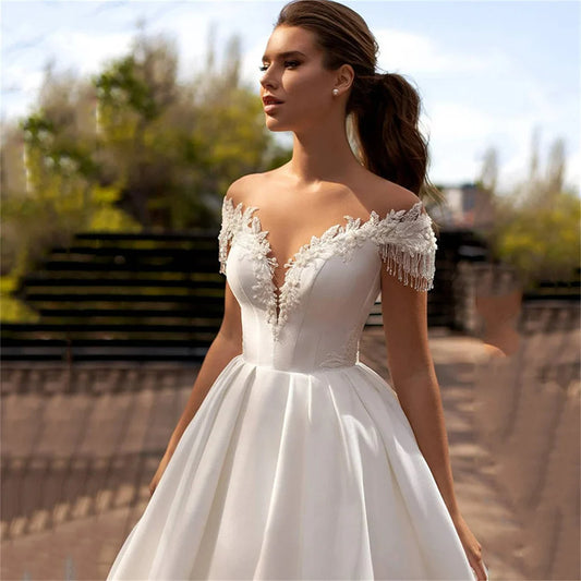 Vestido de novia de princesa, línea A, Apliques de encaje con cuentas, vestidos de novia con espalda de ilusión, vestido de fiesta, vestidos de boda de tren largo 