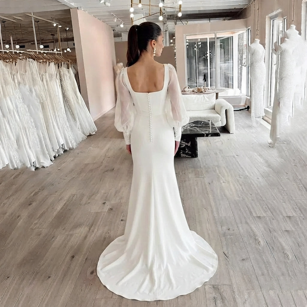 Long Sleeve Square Neck A-Line Wedding Dress Chiffon Bridal Gown Custom Made 14w