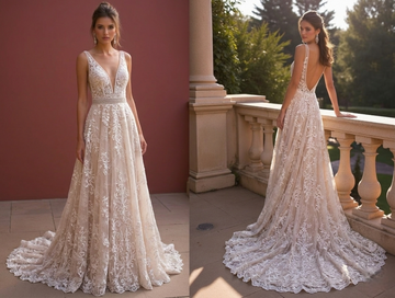 A-Line Lace & Tulle Wedding Dress with V-Neckline & Open Back embroidery mesh New Satin Short Wedding Dress silk