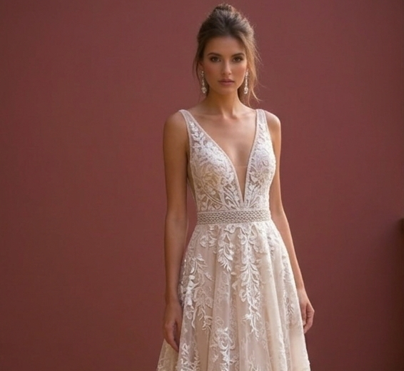 A-Line Lace & Tulle Wedding Dress with V-Neckline & Open Back embroidery mesh New Satin Short Wedding Dress silk