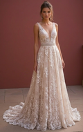 A-Line Lace & Tulle Wedding Dress with V-Neckline & Open Back embroidery mesh New Satin Short Wedding Dress silk
