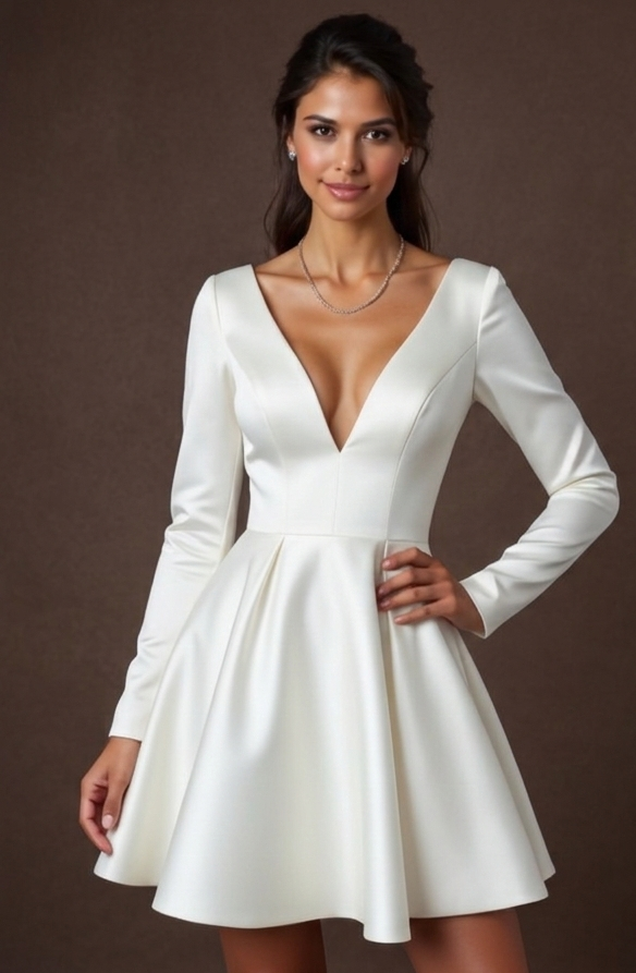 Elegant Short Wedding Dress with Long Sleeves Deep V Neck Modern Bridal Gown for Civil Wedding embroidery mesh New Satin Short Wedding Dress silk