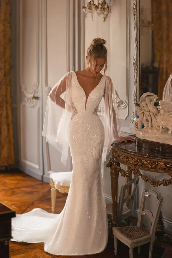 Illusion Long Flare Sleeve Shiny Lace Mermaid Wedding Dress Tulle V Neck Open Back Court Train Bridal Gown Satin