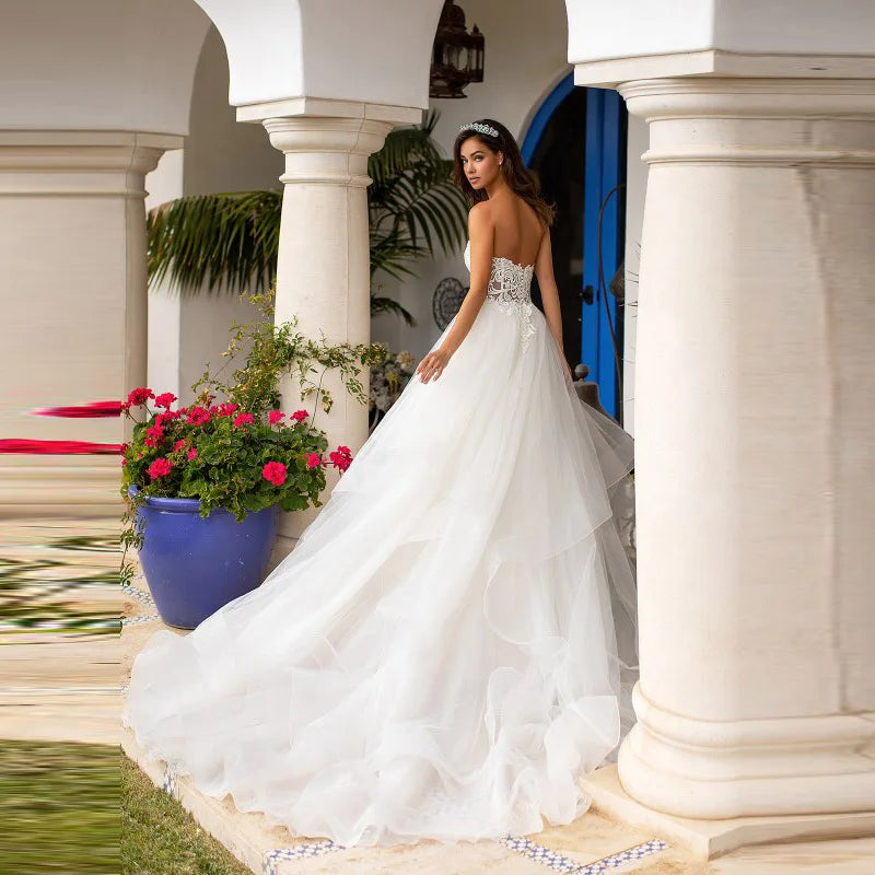 Vestido de novia de lujo con escote en forma de corazón y Apliques de encaje, corpiño con cuentas y lentejuelas de princesa con espalda descubierta, vestido de novia de Organza hinchado