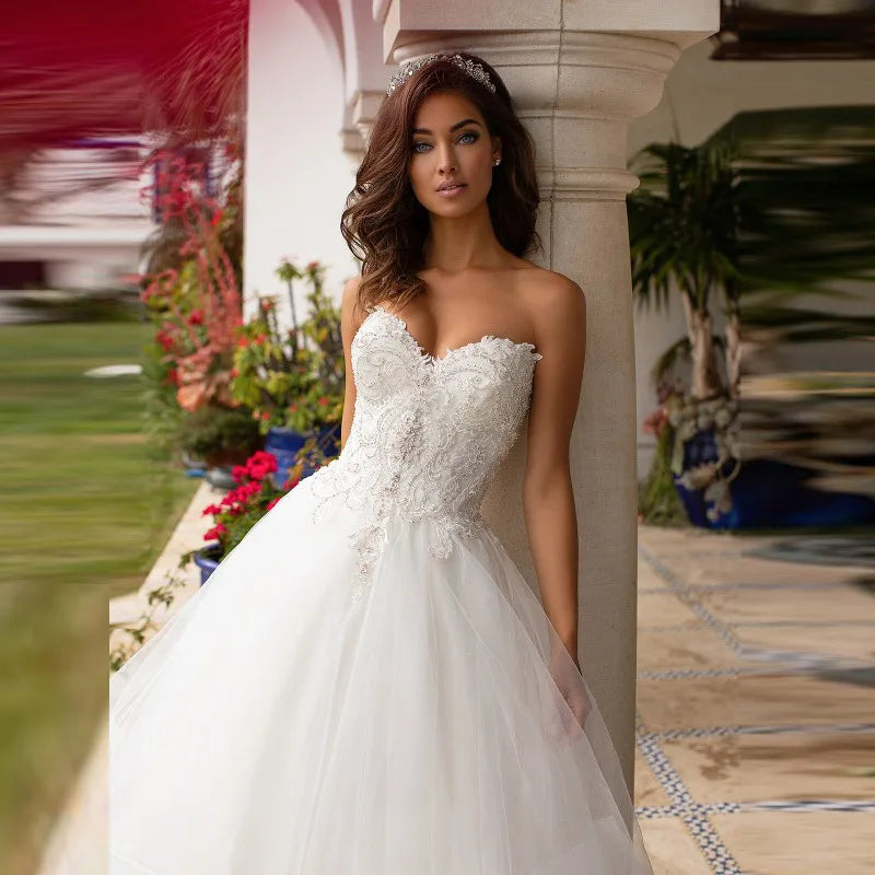 Vestido de novia de lujo con escote en forma de corazón y Apliques de encaje, corpiño con cuentas y lentejuelas de princesa con espalda descubierta, vestido de novia de Organza hinchado