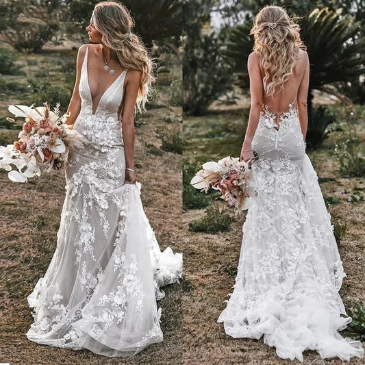 Gaun Perkahwinan Mermaid Vintage V-Neck Backless Lace Appliques 3D Flowers Country Bridal Gown Plus Saiz Custom Made