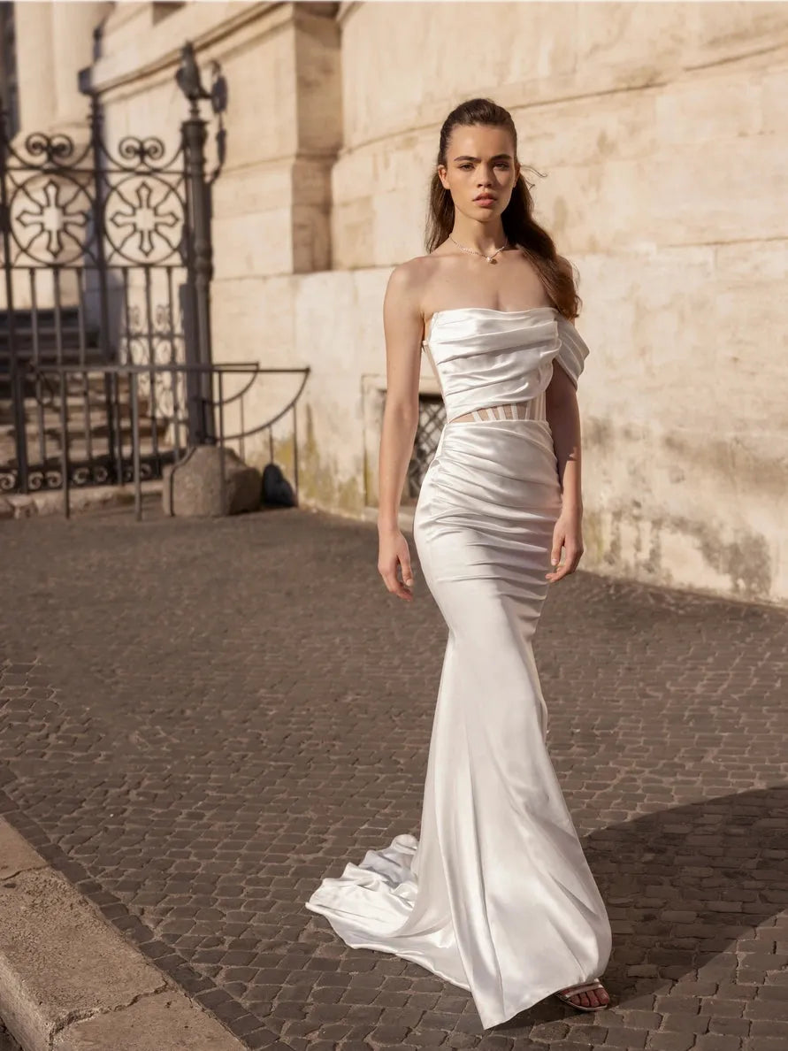 Elegant Mermaid Wedding Dresses One Shoulder Pleat Brides Gowns Boning Corset Sweep Train Bridal Evening Dresses for Women WHITE