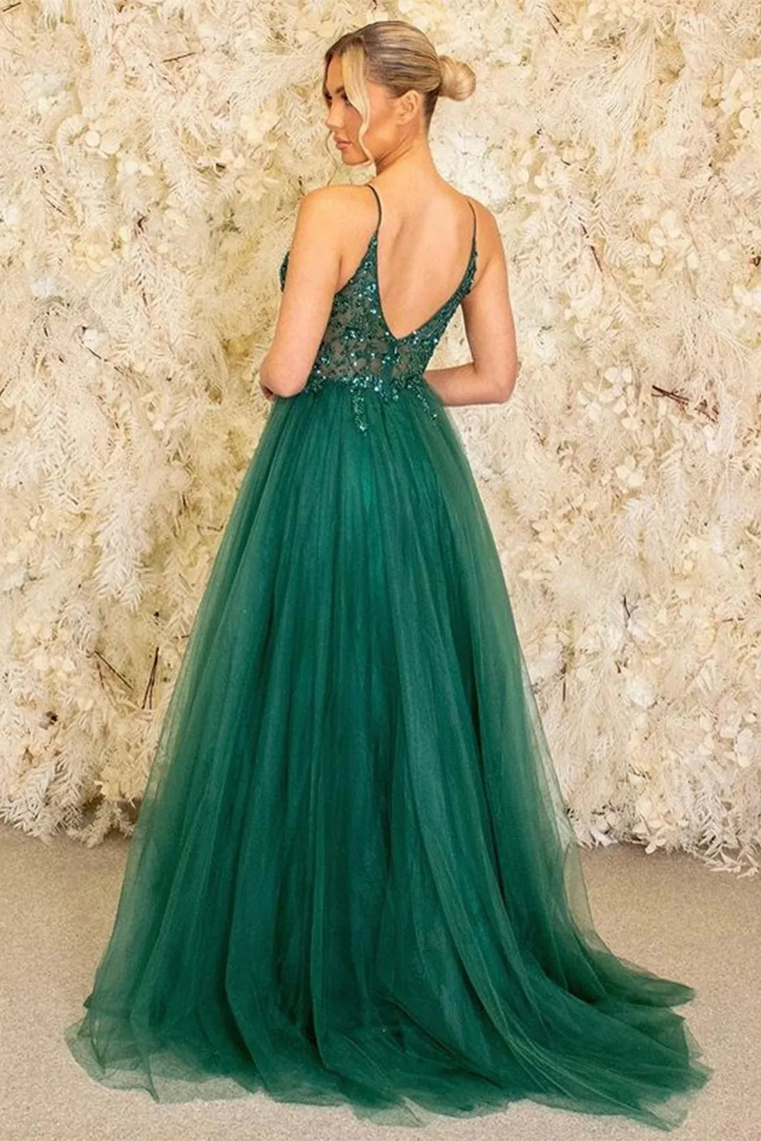 Dark Green Vestidos De Noche Sleeveless Sequins On Chest Prom Dress Sexy A-line Tulle فساتين السهرة Green