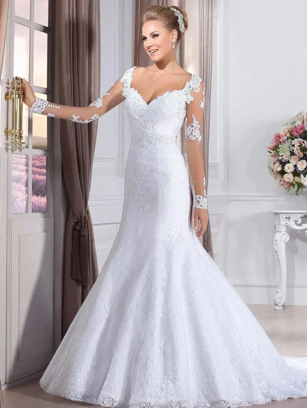 Sweetheart Lace Appliques Slim Mermaid Long Sleeves Wedding Dresses Natural Waistline Bridal Gowns Custom Made Same as picture
