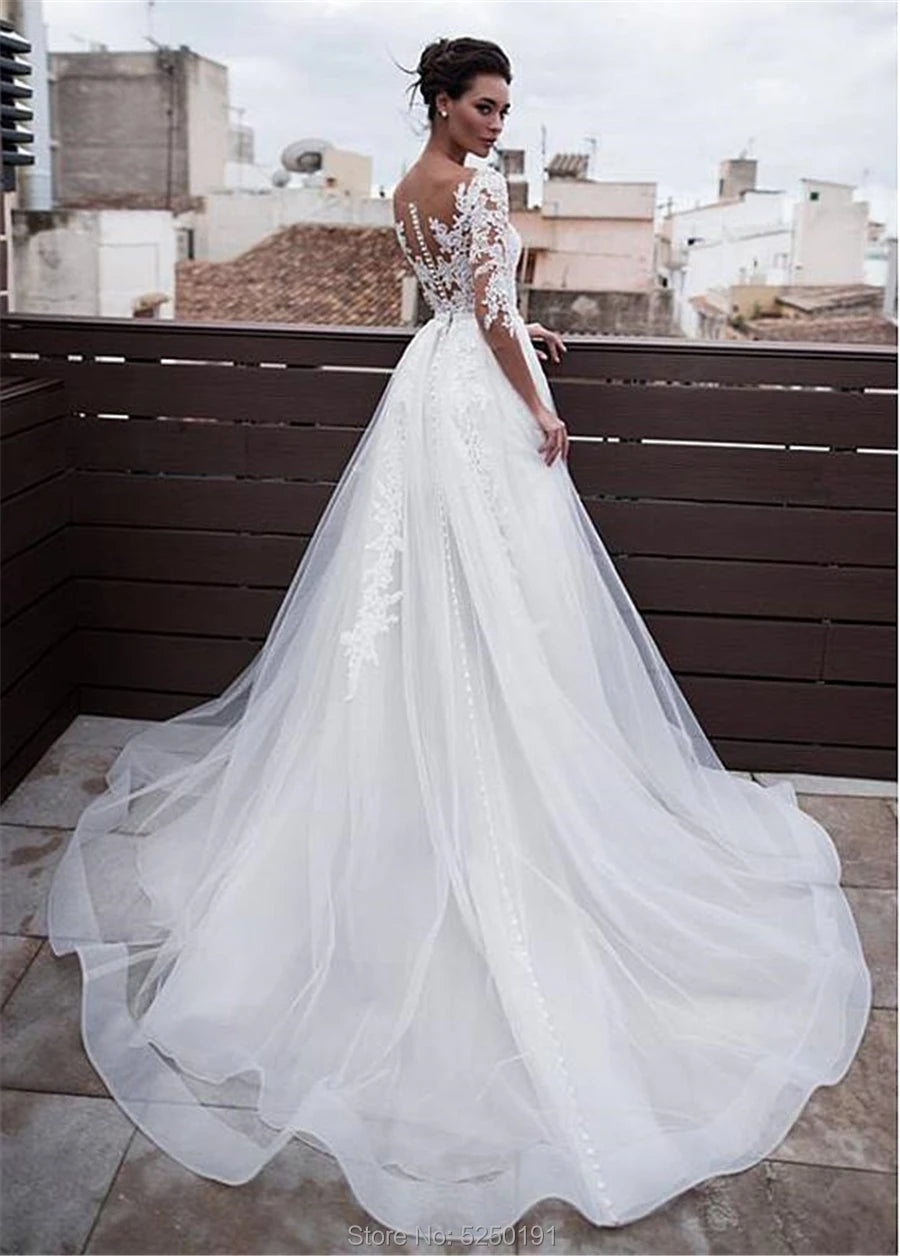 Marvelous Jewel Neckline 2 In 1 Wedding Dresses With Detachable Skirt Lace Appliques 3/4 Sleeves Two Pieces Bridal Gowns 2021