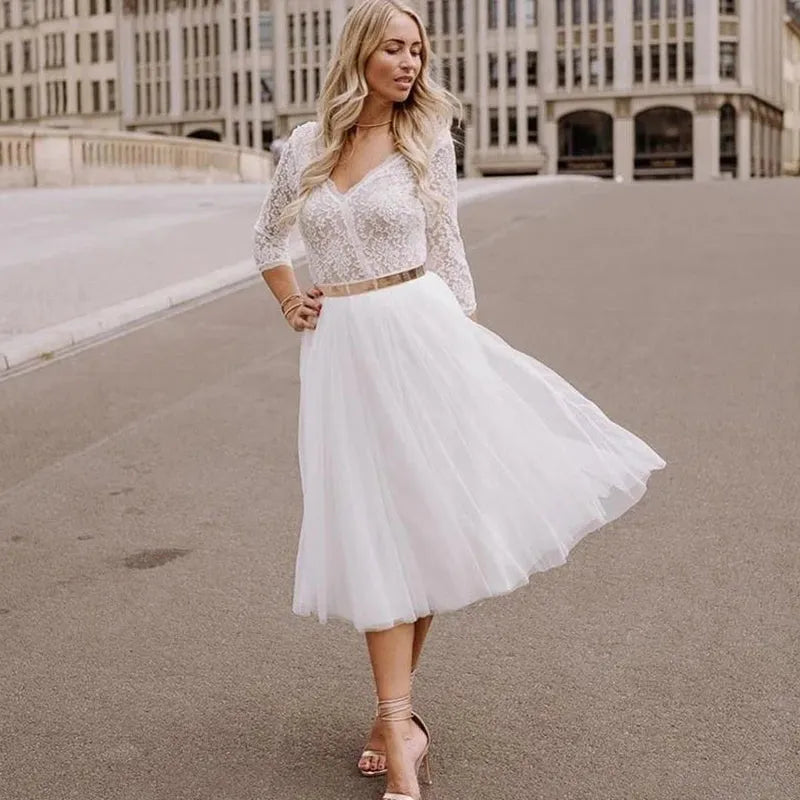 Wedding Dress Short For Women Long Sleeve Knee Length Brides With Belt White Ivory Tulle A-Line Bridal Gowns Charming Floor length
