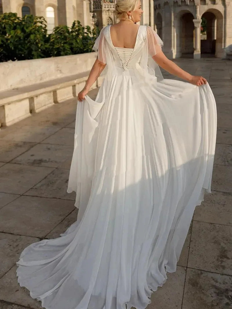 Plus Size Boho Chiffon Wedding Dresses Short Sleeve V-Neck A-Line With Belt Large Size Custom Made Bridal Gown Vestidos De Novia As picture Plus Size