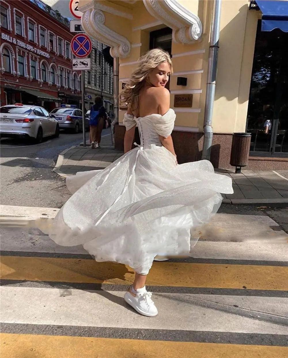 Glitter A Line Short Wedding Dress Off the Shoulder Sleeves Ankle Length Corset/Lace Up Back Bride Country Bridal Gowns Vestidos