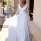 Geliebt Boho V-Ausschnitt Hochzeitskleid für Frauen Langarm Falten a-line einfache Chiffon-Brautkleid Kleid Sweepido de Novia