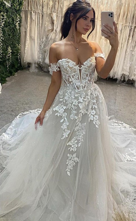 Boho Wedding Dresses A Line Off The Shoulder Sweetheart Neck Bridal Dress Lace Appliques Beading Wedding Ball Gowns