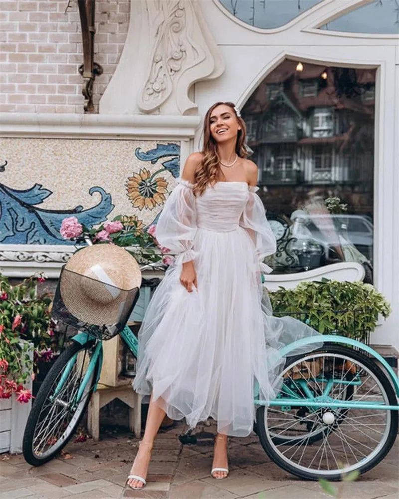 Short Beach Princess Bride Dresses Off shoulder Full Sleeve Boat Neck Simple Cheap Mid-Calf Tulle Wedding Bridel Gowns Ivory