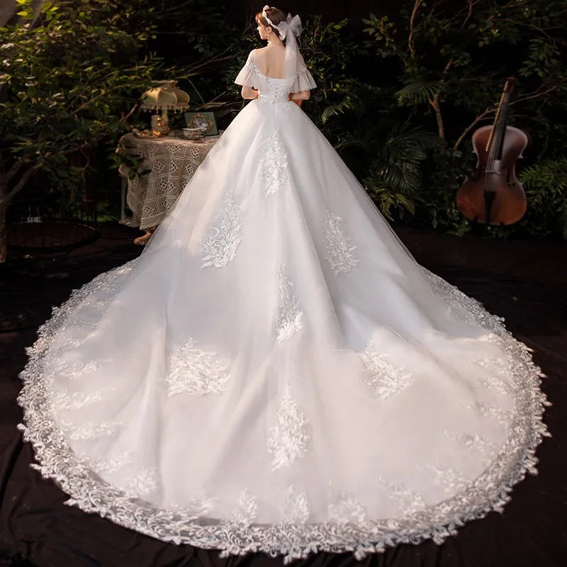 Wedding Dress New Vestido De Noiva Classic O-neck 1m Long Train Ball Gown Batwing Sleeve Princess Robe De Mariee Customize