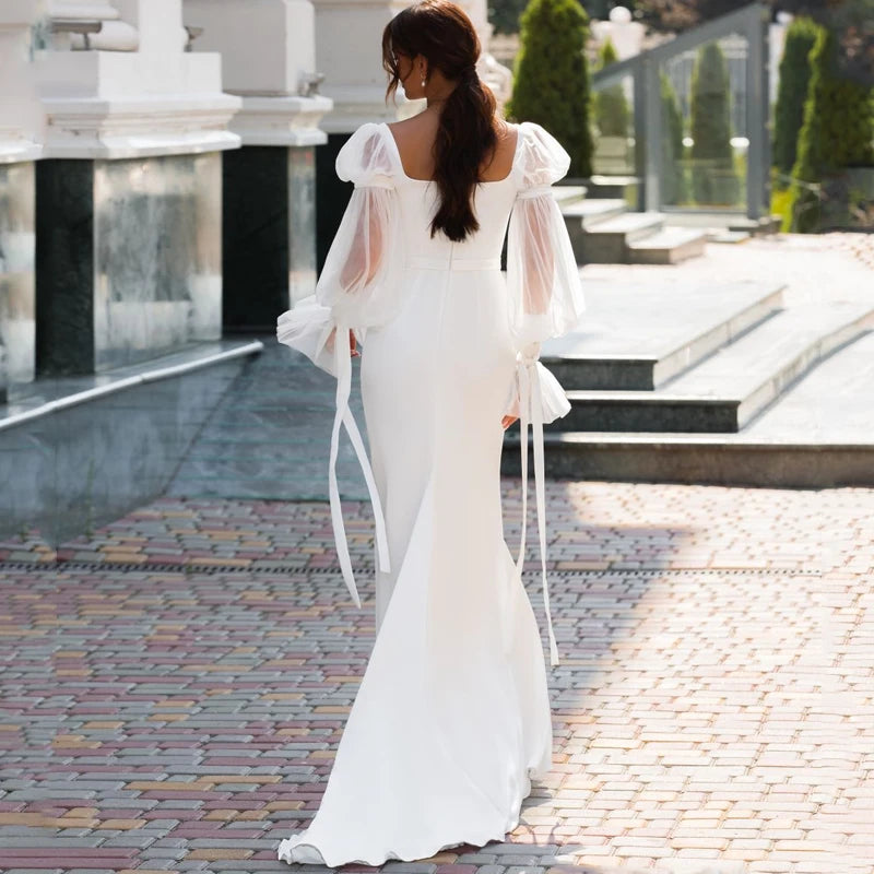 Elegant Satin Mermaid Wedding Dress Long Puff Sleeve Sexy Beach Square Collar Bridal Gowns Custom Made Summer Robe De Mariee