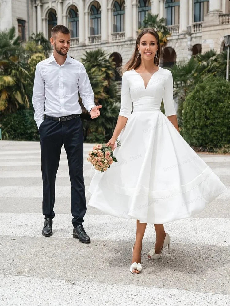 Chiffon Sederhana Sederhana V-Neck Wedding Dress Robe de Mariee Custom Dibuat untuk Wanita Panjang Lutut Gaun Pengantin Lengan Panjang