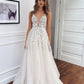 Robe de mariée de plage, bretelles Spaghetti, décolleté en V profond, avec des Appliques en dentelle, en Tulle scintillant, dos nu, magnifiques robes de mariée