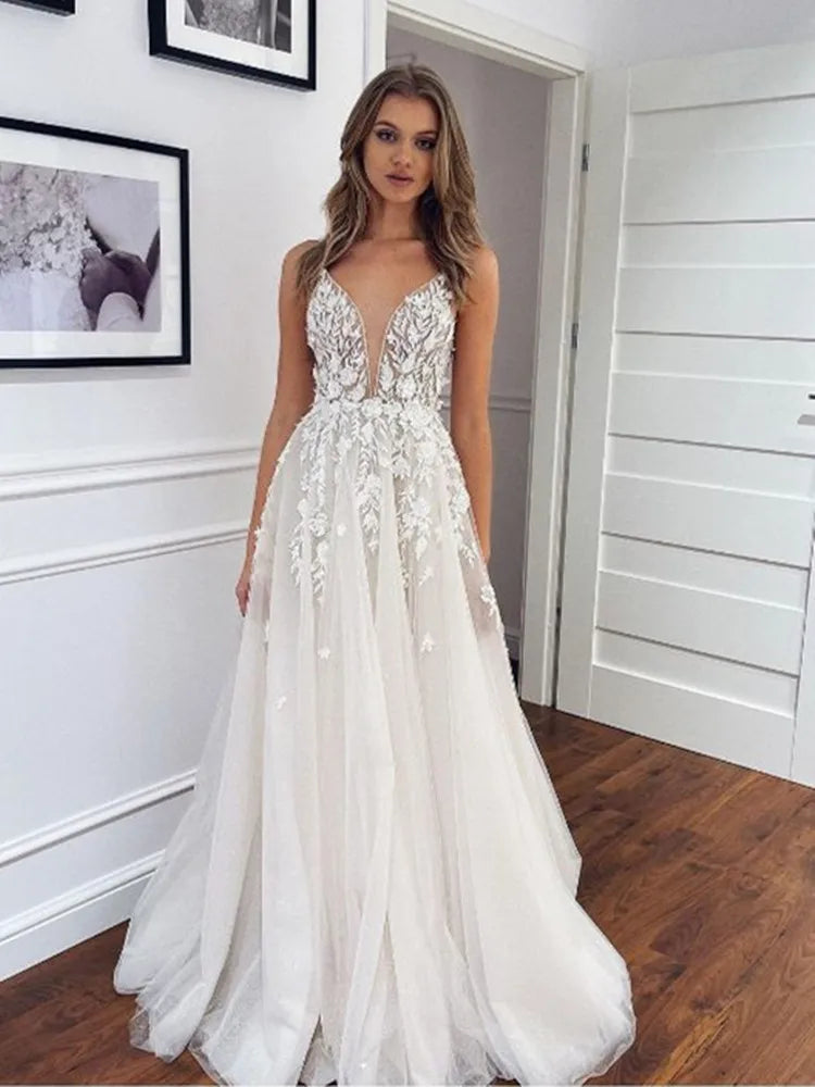 Robe de mariée de plage, bretelles Spaghetti, décolleté en V profond, avec des Appliques en dentelle, en Tulle scintillant, dos nu, magnifiques robes de mariée