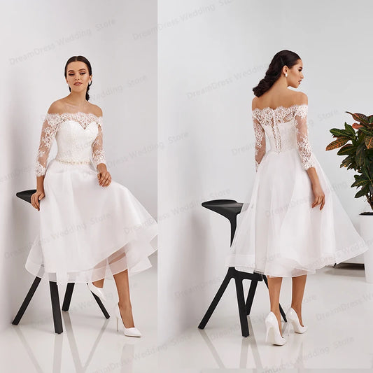 Kurze Hochzeitsleiste weiße Elfenbeinbrautkleid weiße Brautkleider Spitzen Applikationen Custom Made Satin Hochzeitsfeier Kleid