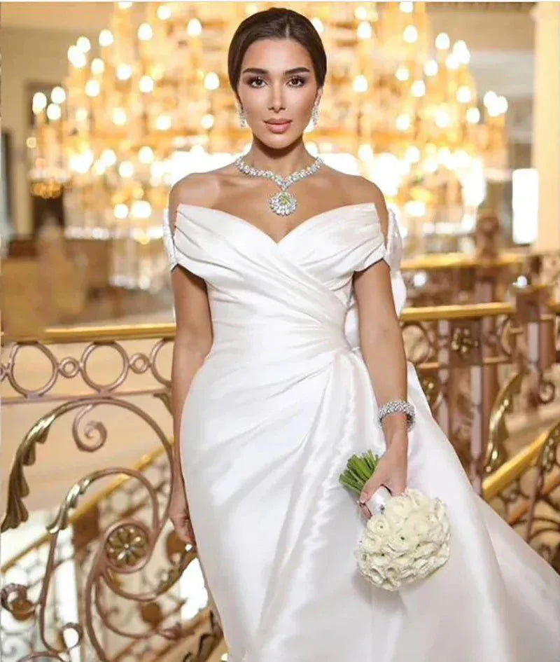 Princess Wedding Dress With Long Train Satin Mermaid Bride Dresses Off The Shoulder Wedding Party Dress Long Train Ivory 26w Satin