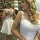 Vintage White Lace Appliques Short Wedding Dresses Sheer Back Battons Short Wedding Gowns Robe de Soiree